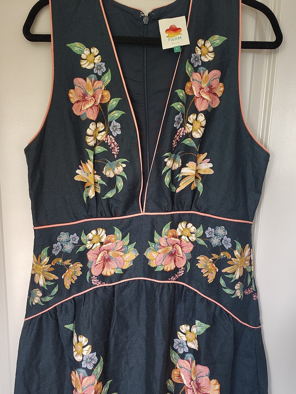 FARM Rio Navy Floral Embroidered Midi Dress with Pink Piping